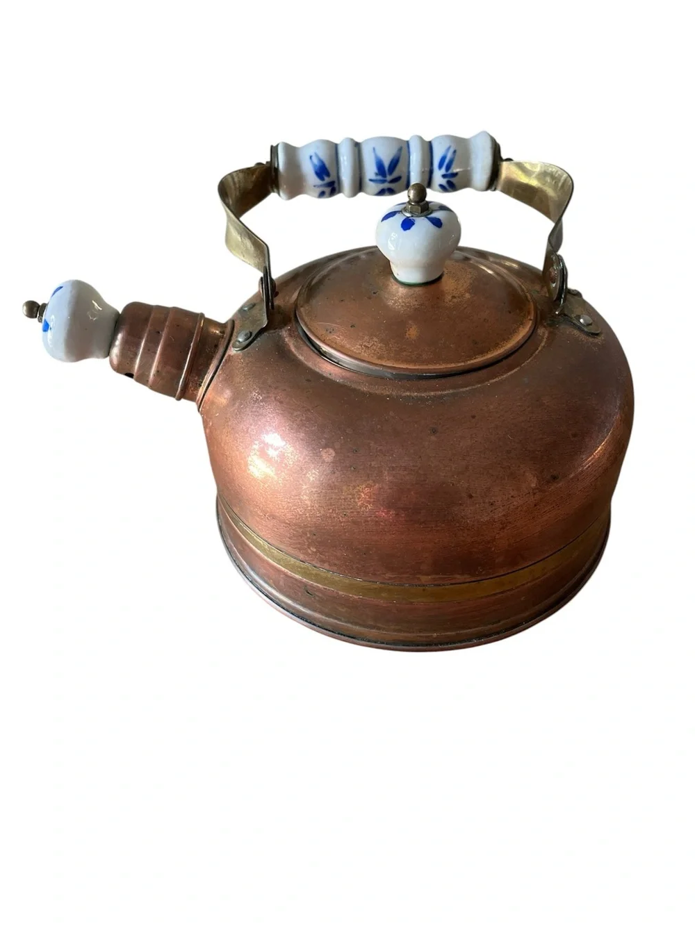 Vintage Korean Copper Tea Kettle Blue White Ceramic Handle Brass Farmhouse Decor
